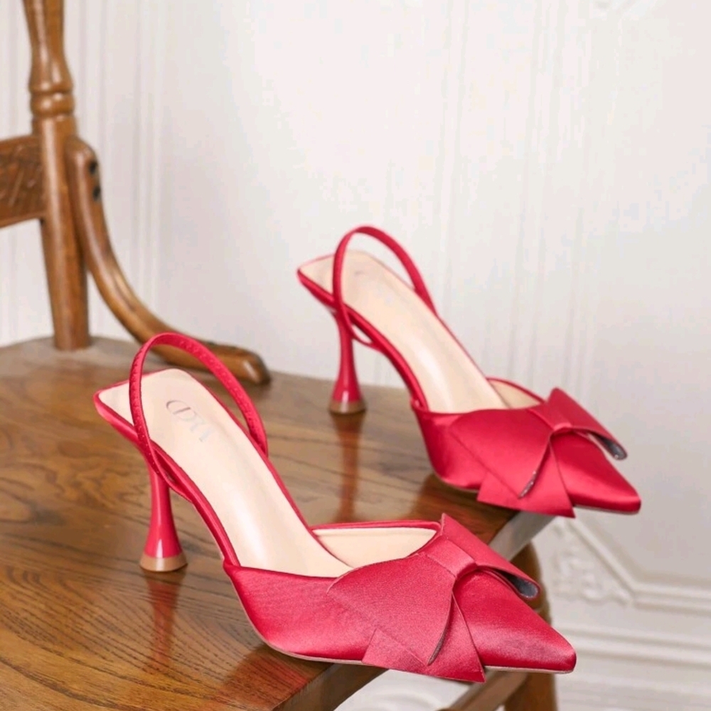 Red Satin Heels with Bow Detail